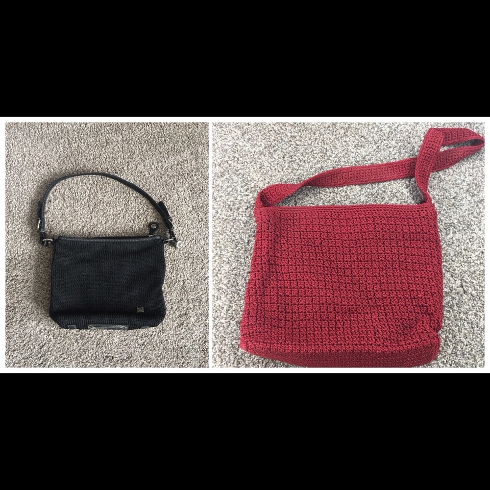 The Sak Lot Of 2 Black and Red Crocheted Womens Knit Handbag Shoulder Purse Bag